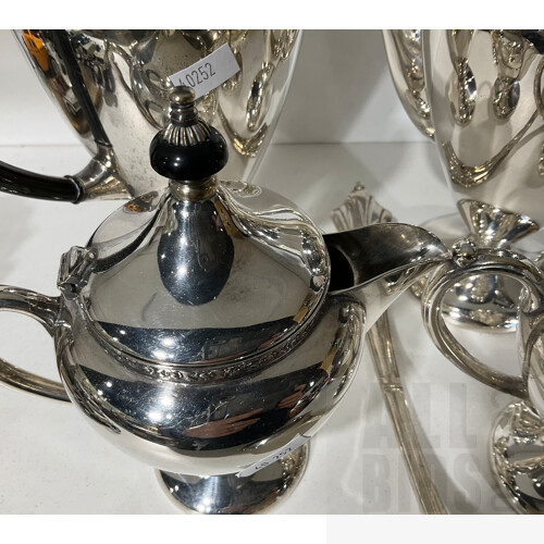 Vintage Triple Silver Plated Tea and Coffee Pot, and Sugar Pot and Creamer Set in Du Barry Pattern by Paramount of Australia, Alongside a Silver Plated Sheffield England Ladle