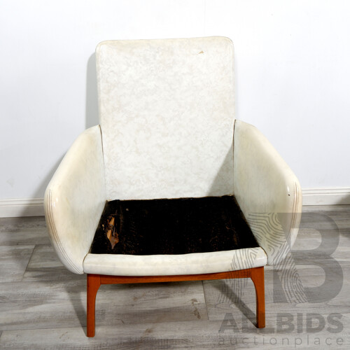 Retro White Vinyl Upholstered Armchair with Vintage Arthur Chequered Footstool