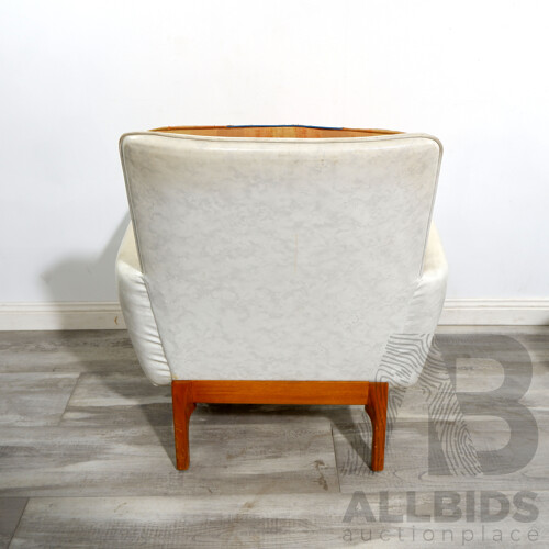 Retro White Vinyl Upholstered Armchair with Vintage Arthur Chequered Footstool