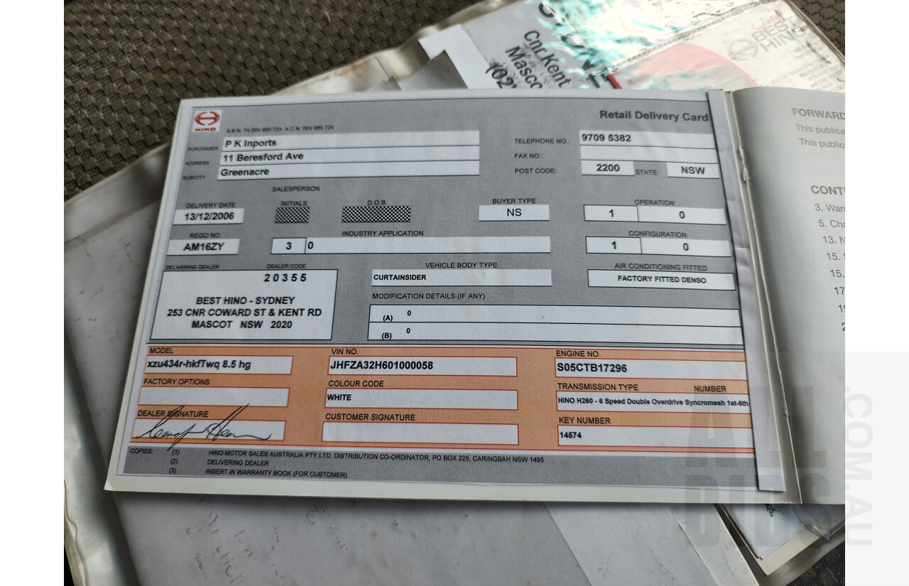 9/2006 Hino Dutro 8.5 XZU434R Curtainsider White 4.6L Turbo Diesel