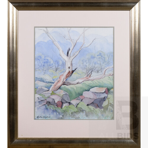 Cynthia Watsford (20th Century, Australian), Untitled (Mountain Landscape with Tree and Rocks), Watercolour, 56 x 47 cm