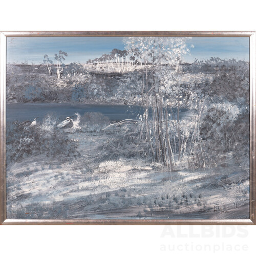 Steven Deutscher (born 1947), Untitled (Lake Scene wth Herons), Oil on Masonite, 90 x 120 cm