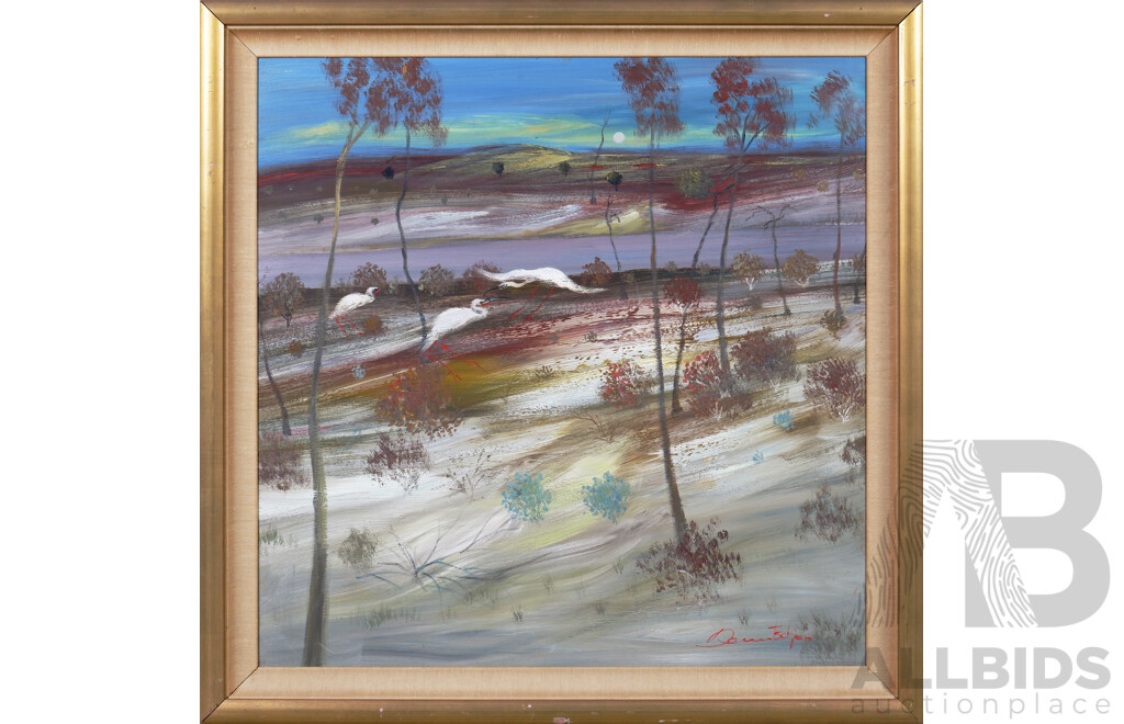 Steven Deutscher (born 1947), Brolgas at Dusk, Oil on Board, 75 x 75 cm 