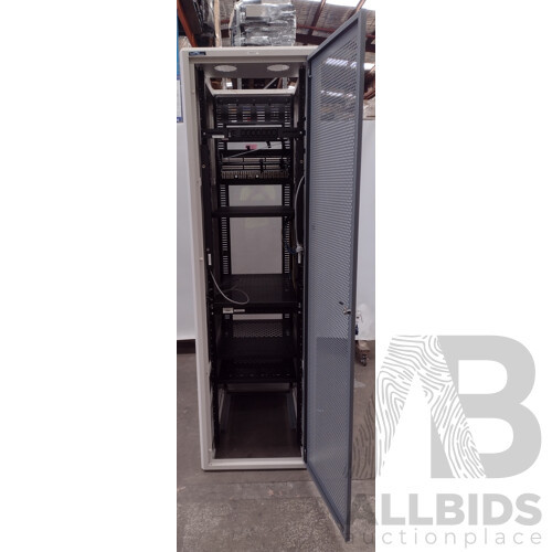 Rack Technologies 45 RU Data Rack Unit w/ Installed Shelves, Power Distribution and Patch Boards