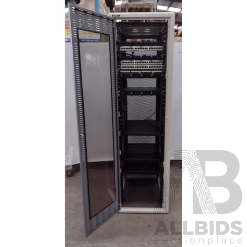 Rack Technologies 45 RU Data Rack Unit w/ Installed Shelves, Power Distribution and Patch Boards