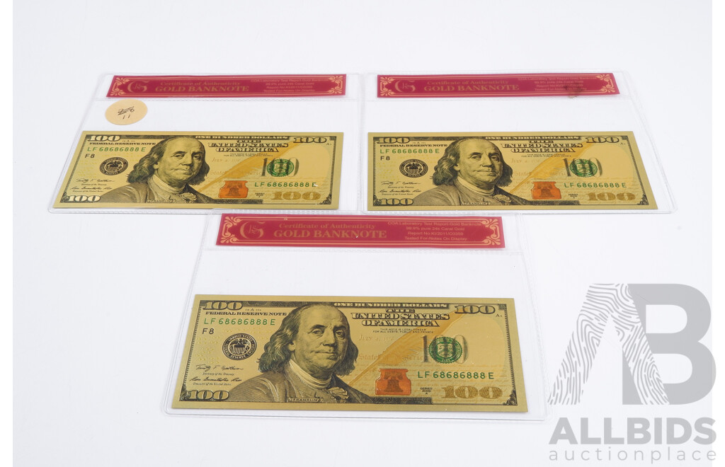 Three Replica American Gold Plated $100 Notes