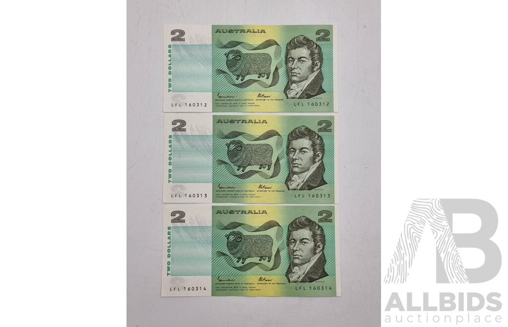 Australian $2 Paper Notes - Sequential Numbers - Quantity of 3