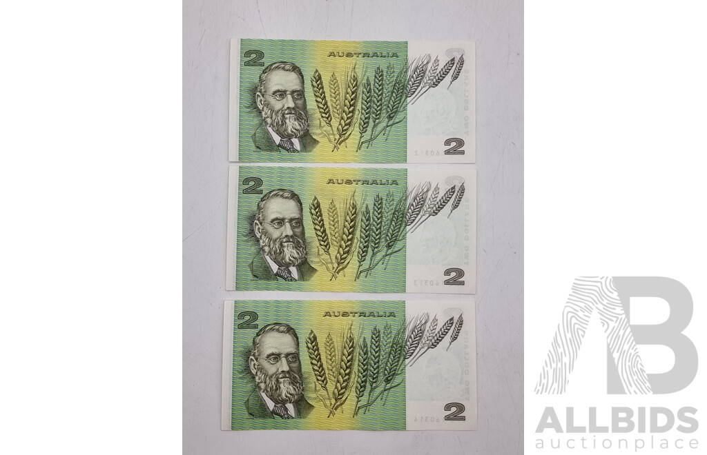 Australian $2 Paper Notes - Sequential Numbers - Quantity of 3