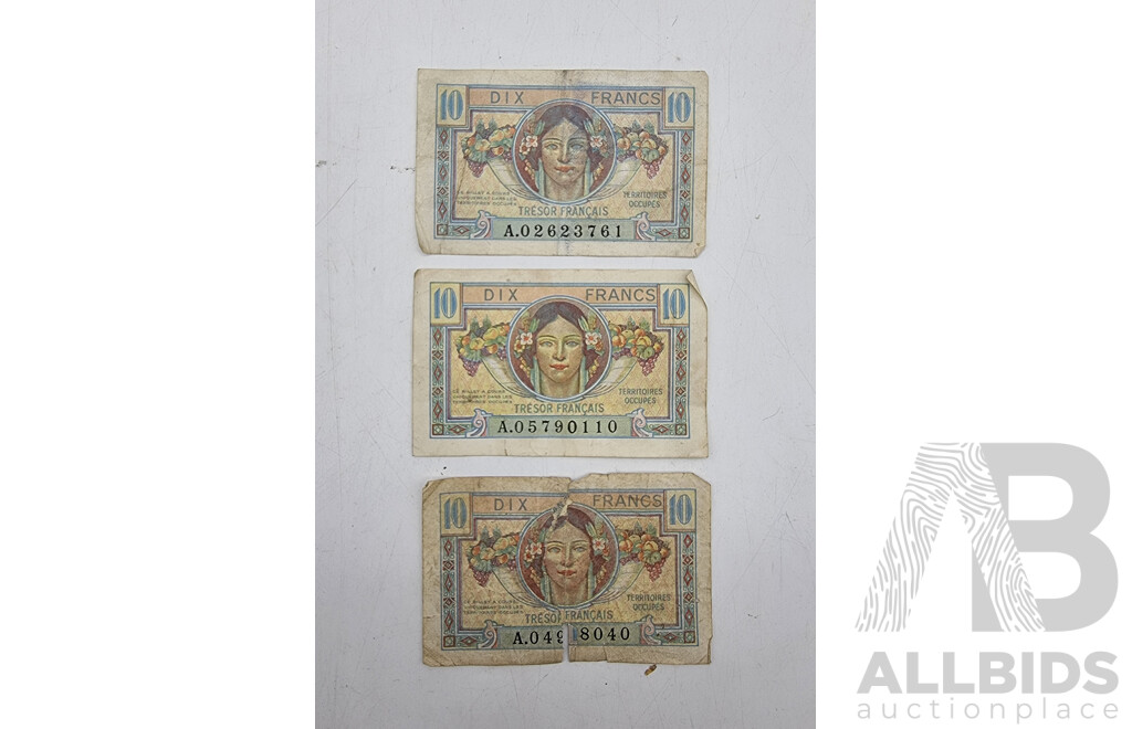 Rare Circa 1940's French Banknotes - 10 Francs - Quantity of 3