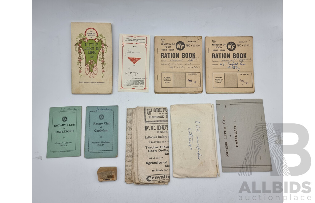 Antique and Vintage Historical Documents - Post-War Ration Cards, Newspaper Clippings, 1914 Book of Prose and Others