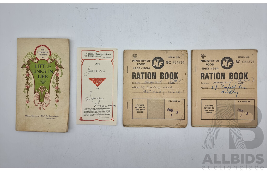 Antique and Vintage Historical Documents - Post-War Ration Cards, Newspaper Clippings, 1914 Book of Prose and Others