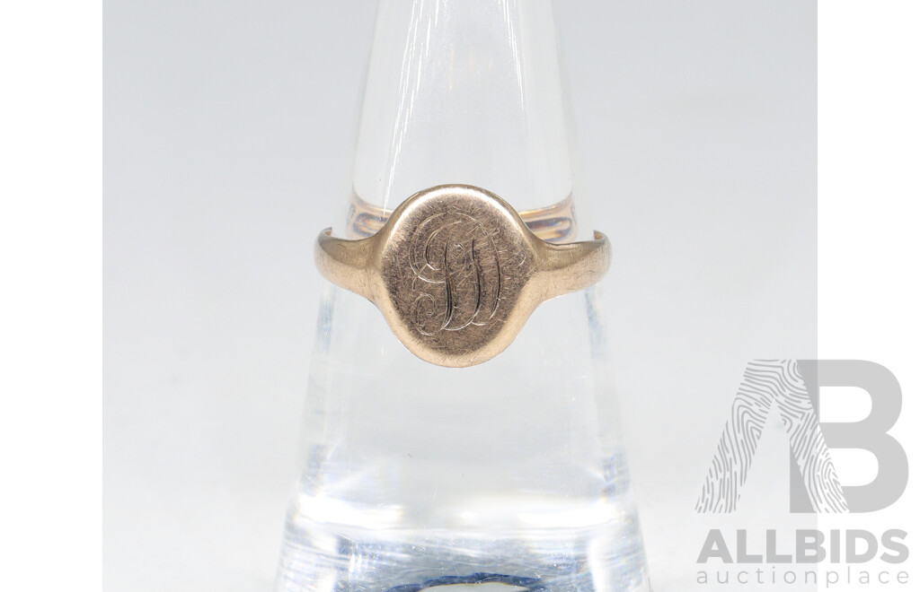 9CT Vintage Rose Gold Signet Ring, Inscribed 'D', Size O, 2.10 Grams