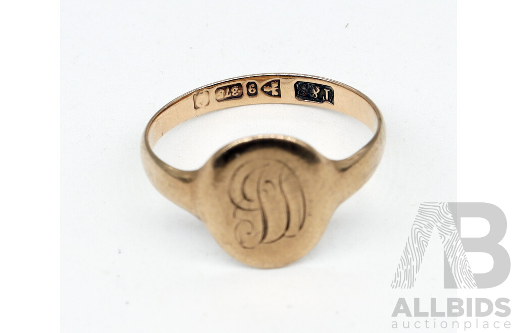 9CT Vintage Rose Gold Signet Ring, Inscribed 'D', Size O, 2.10 Grams