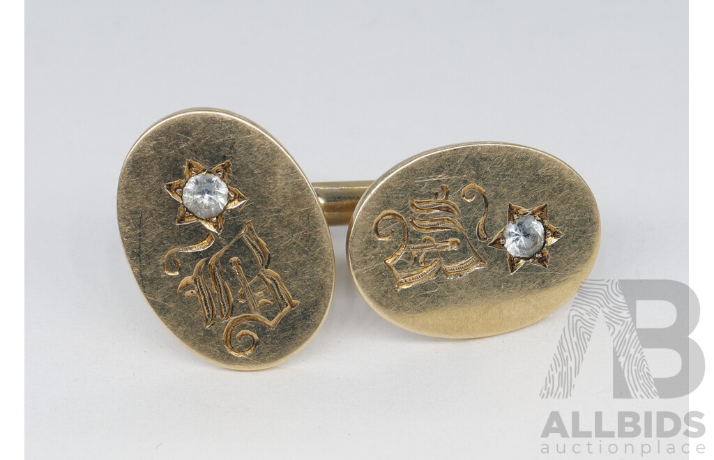 14ct Gold Cufflinks Set with White Sapphires, Inscribed 'B', Weighing 16.26 Grams