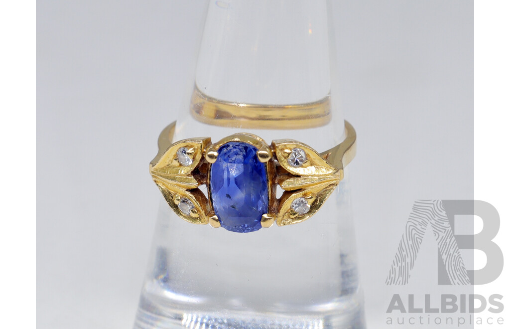 22ct Yellow Gold Sapphire Ring Set with Small Diamonds in the Leaf Design, Size P,  6.20grams