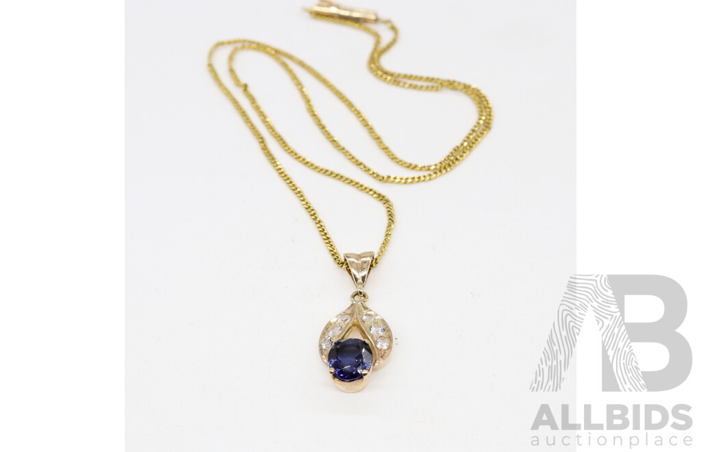 14CT Yellow Gold Pendant on Chain with Leaf Design, Set with Blue & White Stones, 7.73 Grams