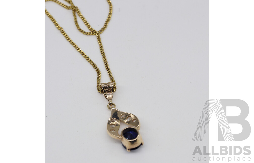 14CT Yellow Gold Pendant on Chain with Leaf Design, Set with Blue & White Stones, 7.73 Grams