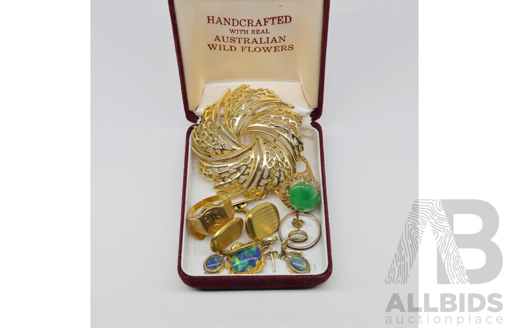 Collection of Gold Plated Pieces, Including Chrysophase Ring and Opal Jewellery