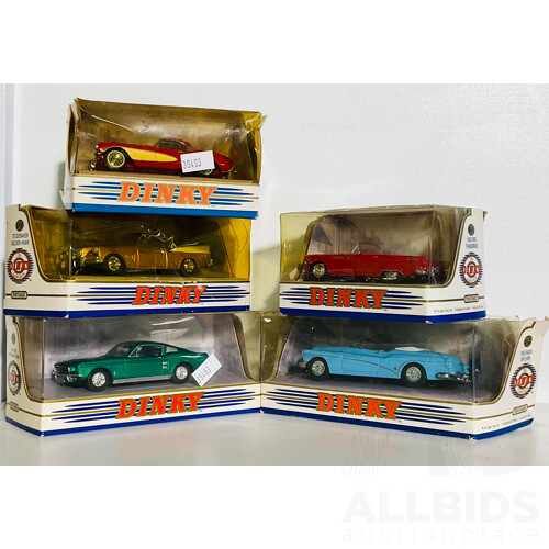 Collection of Five the Dinky Collection Matchbox Collectible Cars Including 1953 Buick Skylark, 1955 Ford Thunderbird, 1956 Chevrolet Corvette, Studebaker Golden Hawk and 1967 Ford Mustang Fast Back