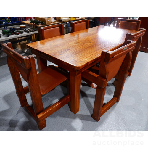 Vintage Pine Post and Rail Style Dining Suite with Six Leather Upholstered Dining Chairs