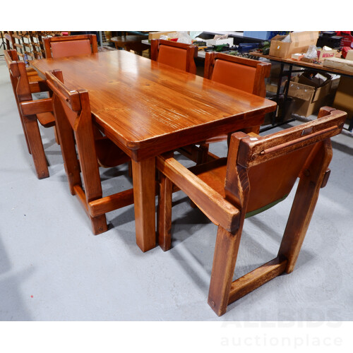 Vintage Pine Post and Rail Style Dining Suite with Six Leather Upholstered Dining Chairs