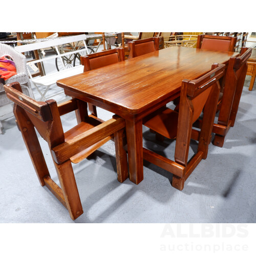 Vintage Pine Post and Rail Style Dining Suite with Six Leather Upholstered Dining Chairs