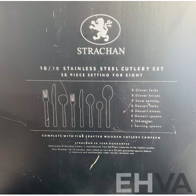 Collection of Strachan Stainless Steel Cutlery in Original Fine Crafted Wooden Cutlery Canteen