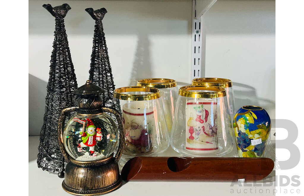 Collection of Four Christmas Candles in Glass Candle Holders, Pair of Tealight Holders, a Christmas Snow Globe and More