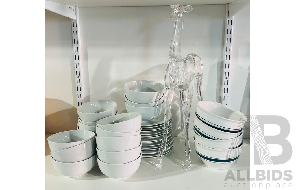 Large Quantity of Side Plates and Bowls, Alongside a Tall Plastic Deer