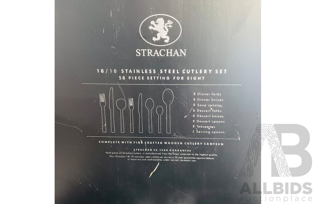 Collection of Strachan Stainless Steel Cutlery in Original Fine Crafted Wooden Cutlery Canteen