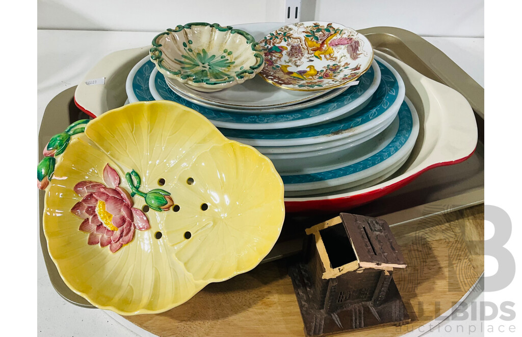 Collection of Vintage and Other Homewares Including Very Large Wooden Chopping Board or Serving Board, Retro Oval Vintage Snack Bar Plates and More