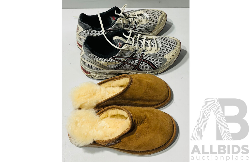 Pair of Asics Men’s Sneakers - Size US 9.5 Alongside a Pair of Ugg Style Slip on Slippers - No Size