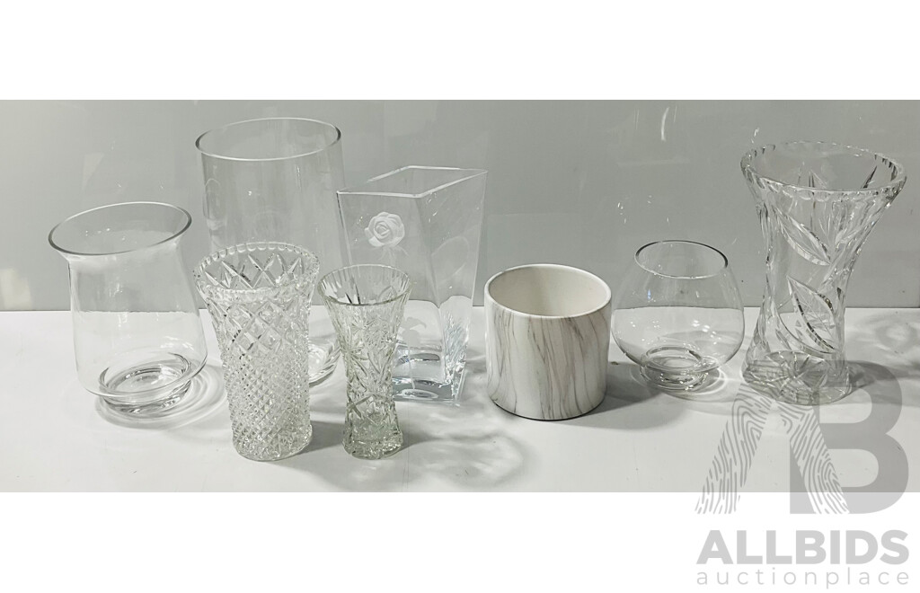 Quantity of Eight Diverse Vases Including Crystal and Glass