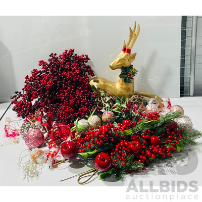 Bumper Lot of Christmas Decorations Including Paper Mache Gold Reindeer and More