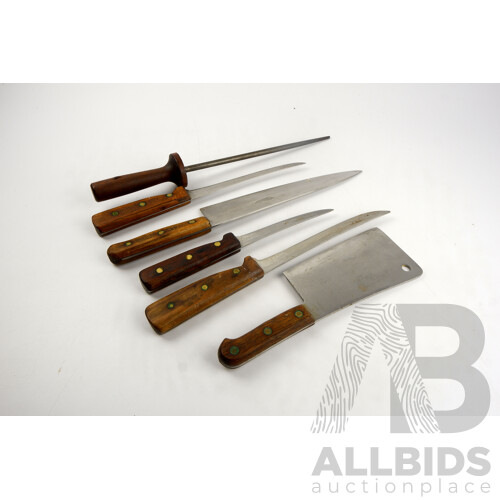 Vintage American Knife Block with Four Chicago Marked Kitchen Knives with an Cleaver