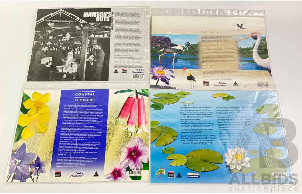 Collection of Four Australia Post/Telstra Packs, Coastal Flowers, Wetland Birds, Small Pond, Mawson's Huts