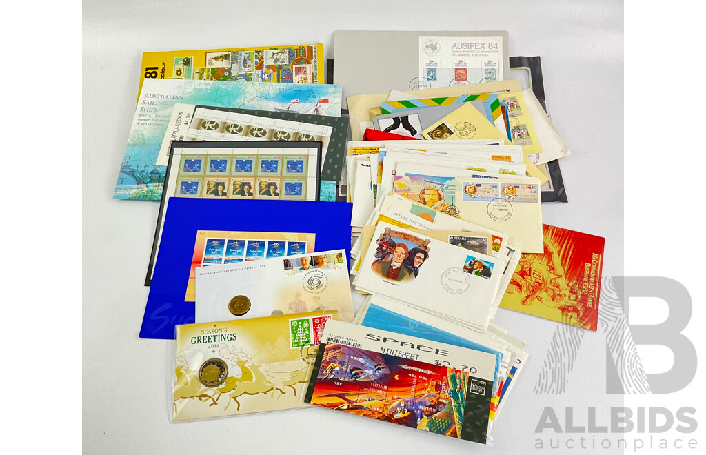 Collection of Australian Stamp Mini Sheets, PNC's, Vintage First Day Covers Including 1999 International Year of the Older Persons, 2014 Season's Greetings, Sydney 2000 and More