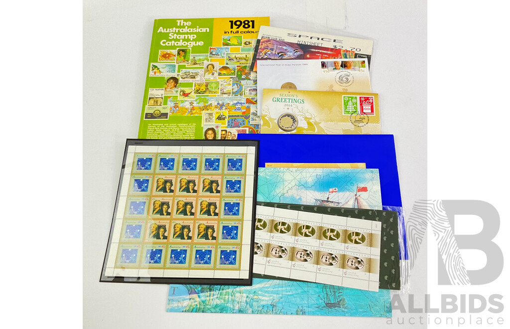 Collection of Australian Stamp Mini Sheets, PNC's, Vintage First Day Covers Including 1999 International Year of the Older Persons, 2014 Season's Greetings, Sydney 2000 and More