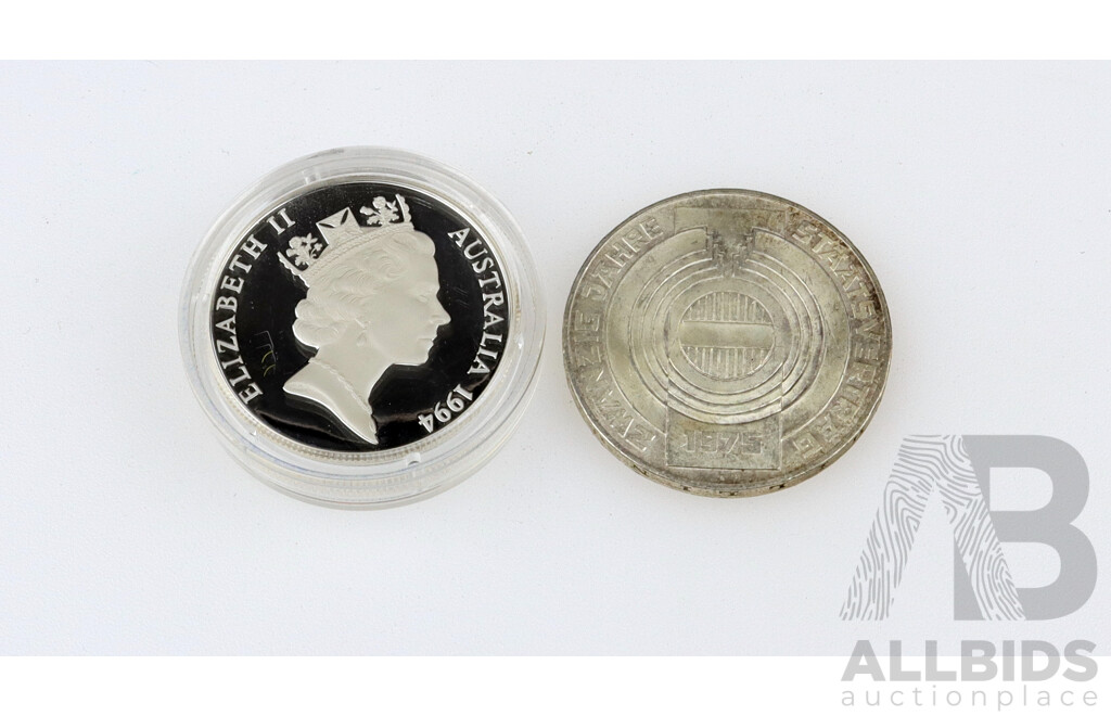 Australian 1994 Ten Dollar Wedge-Tailed Eagle Proof Coin .925 Silver and Austrian 1975 100 Schilling Coin .640 Silver