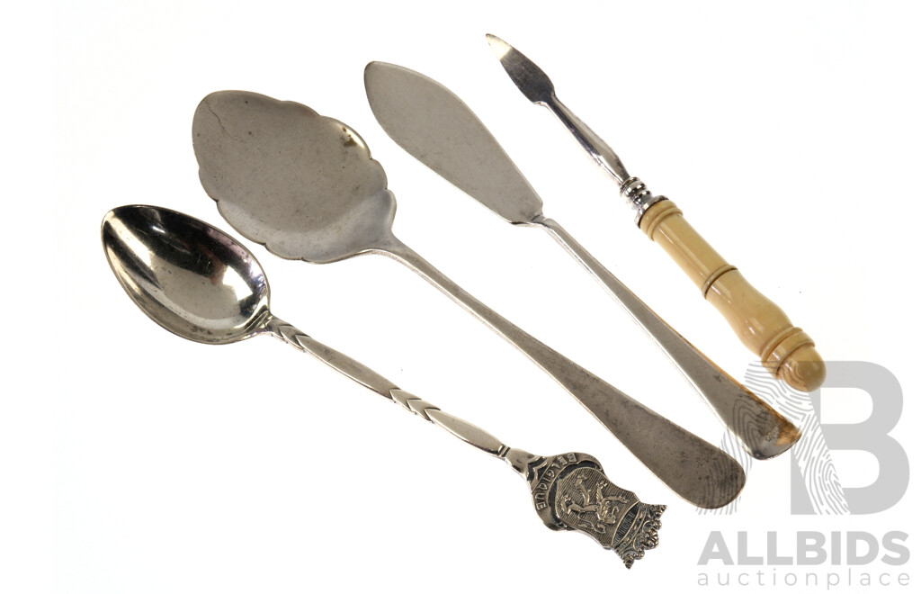 Collection Vintage Sterling Silver and Other Items Comprising Ivory Handled Pick, 833 Silver Teaspoon, Teaspoon, Sheffield 1933, Butter Knife 1939
