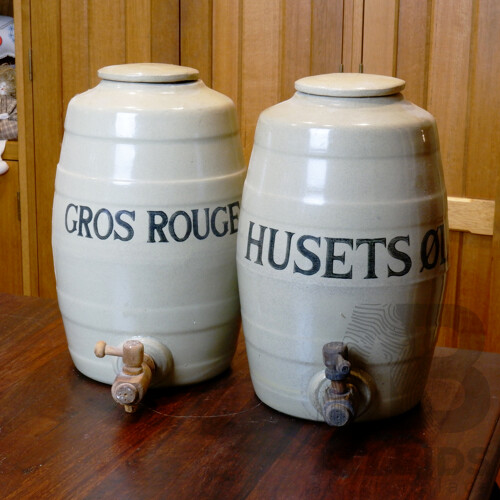 Two Vintage Glazed Stoneware Barrels Marked Gros Rouge and Husets