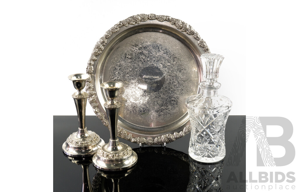 Ranleigh Silver Plate Serving Tray with Grape Motif, Cut Crystal Decanter with Stopper and Pair Silver Plate Candle Holders