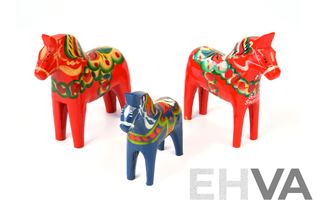 Collection Three Vintage Dala Hand Painted Wooden Horse Figures by Nils Olsen