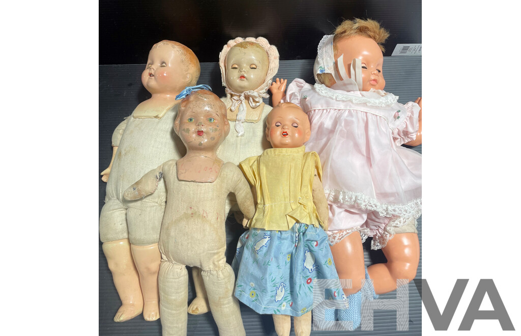 Collection of Five Antique and Vintage Baby Dolls Includes Canadian Dee & Cee Doll and More