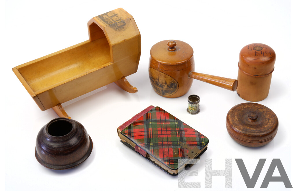 Nice Collection of Treen and Mauchline Ware Including Boxwood Carnarvon Castle Cradle Example, Box Wood Ripon Castle Example and More