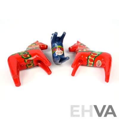 Collection Three Vintage Dala Hand Painted Wooden Horse Figures by Nils Olsen