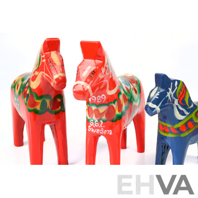 Collection Three Vintage Dala Hand Painted Wooden Horse Figures by Nils Olsen