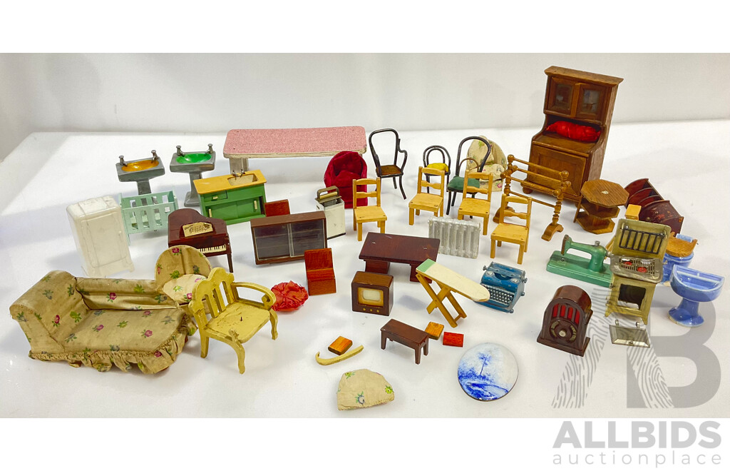 Selection of Vintage Doll House Furniture Made From Timber and Metal