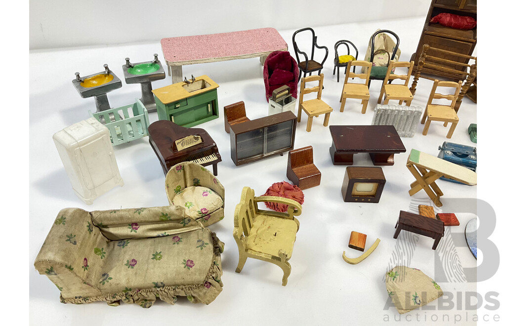 Selection of Vintage Doll House Furniture Made From Timber and Metal