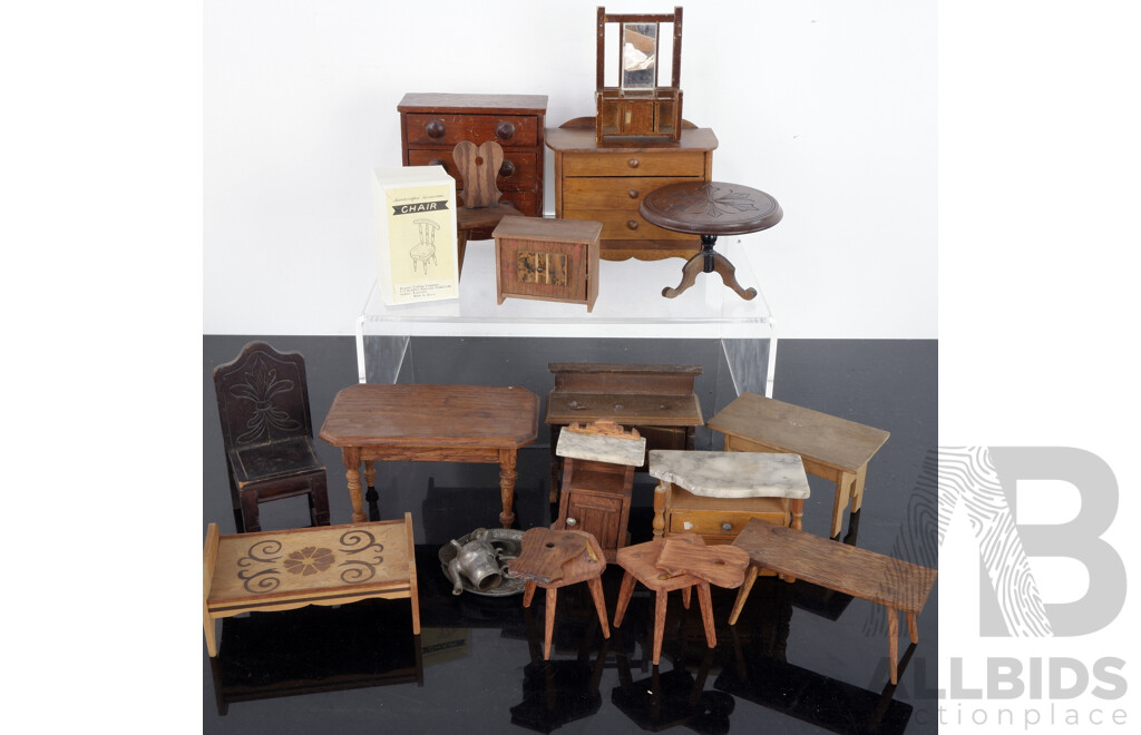 Collection Antique & Vintage Dolls House Furniture & Ephemera Including Wooden Chests of Draws, Sideboards and More
